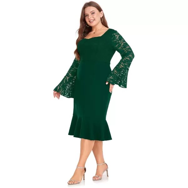 LALAGEN Womens 2024 Plus Size Lace Bell Sleeve Bodycon Mermaid Midi Dress Long Sleeve Cocktail Party Pencil DressGreen