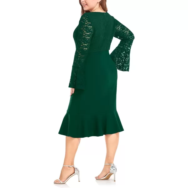 LALAGEN Womens 2024 Plus Size Lace Bell Sleeve Bodycon Mermaid Midi Dress Long Sleeve Cocktail Party Pencil DressGreen