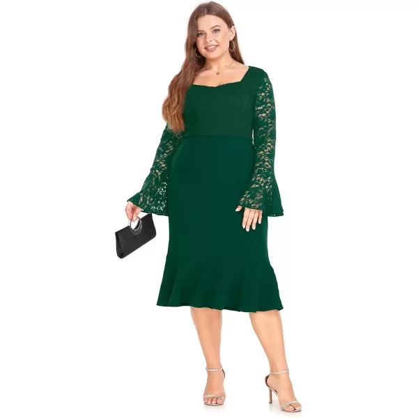 LALAGEN Womens 2024 Plus Size Lace Bell Sleeve Bodycon Mermaid Midi Dress Long Sleeve Cocktail Party Pencil DressGreen