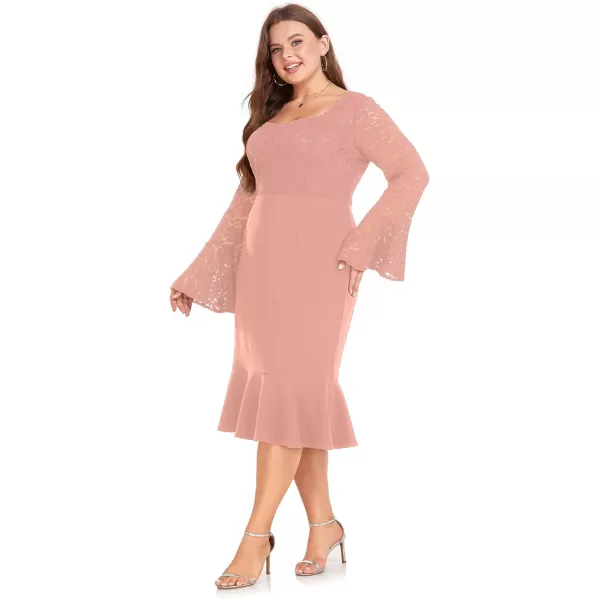 LALAGEN Womens 2024 Plus Size Lace Bell Sleeve Bodycon Mermaid Midi Dress Long Sleeve Cocktail Party Pencil DressPink