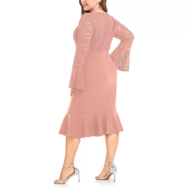 LALAGEN Womens 2024 Plus Size Lace Bell Sleeve Bodycon Mermaid Midi Dress Long Sleeve Cocktail Party Pencil DressPink