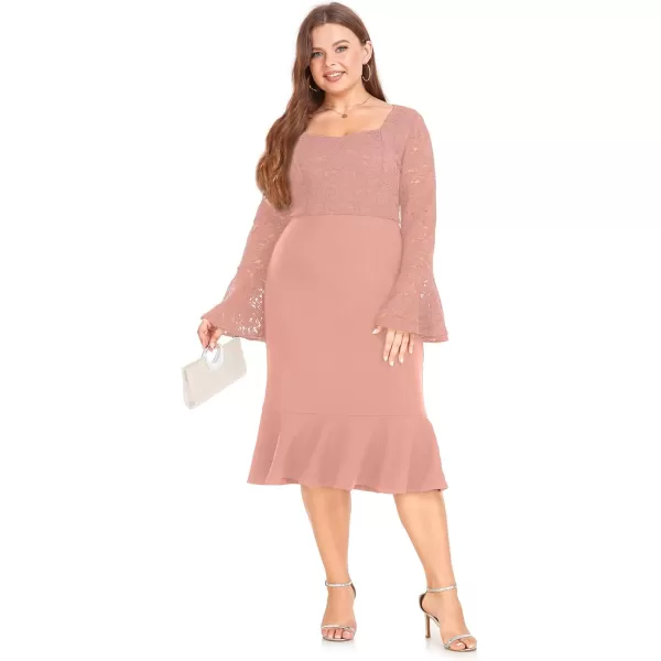 LALAGEN Womens 2024 Plus Size Lace Bell Sleeve Bodycon Mermaid Midi Dress Long Sleeve Cocktail Party Pencil DressPink