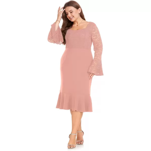 LALAGEN Womens 2024 Plus Size Lace Bell Sleeve Bodycon Mermaid Midi Dress Long Sleeve Cocktail Party Pencil DressPink