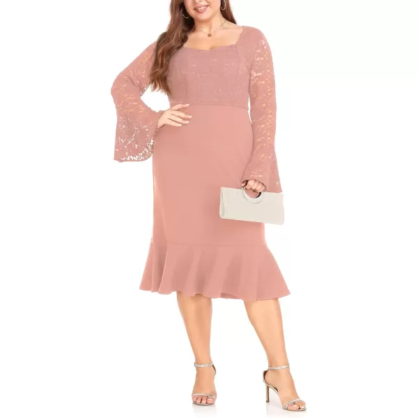 LALAGEN Womens 2024 Plus Size Lace Bell Sleeve Bodycon Mermaid Midi Dress Long Sleeve Cocktail Party Pencil DressPink