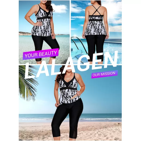 LALAGEN Womens Plus Size Two Piece Tankini Swimsuits Tummy Control Rash Guard Capris Bathing Suits Athletic SwimwearBlack