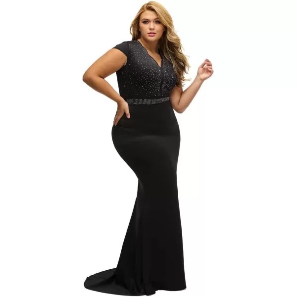 LALAGEN Womens Short Sleeve Rhinestone Plus Size Long Cocktail Evening DressBlack