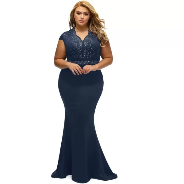 LALAGEN Womens Short Sleeve Rhinestone Plus Size Long Cocktail Evening DressNavy