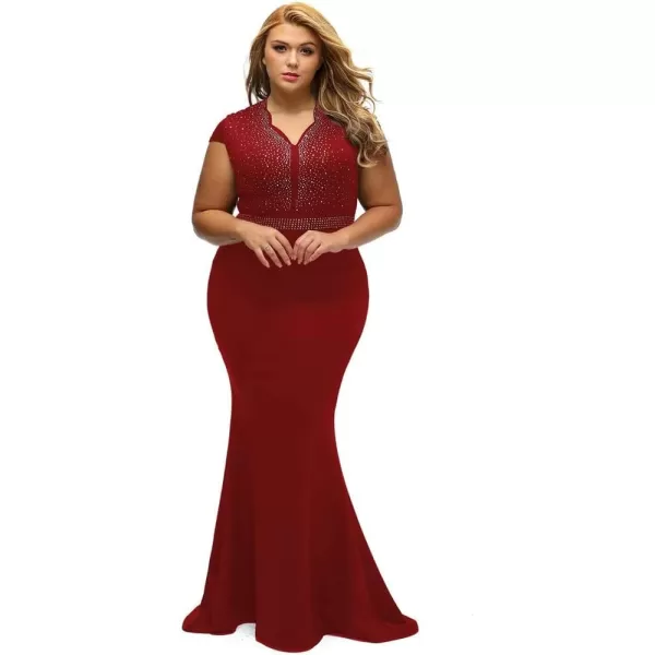 LALAGEN Womens Short Sleeve Rhinestone Plus Size Long Cocktail Evening DressRed