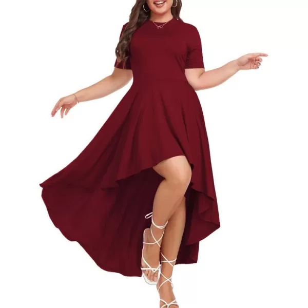 LALAGEN Plus Size Maxi Dress for Women Casual Short Sleeve Ruffle Flowy High Low Summer Long Dress 1X6XWine Red