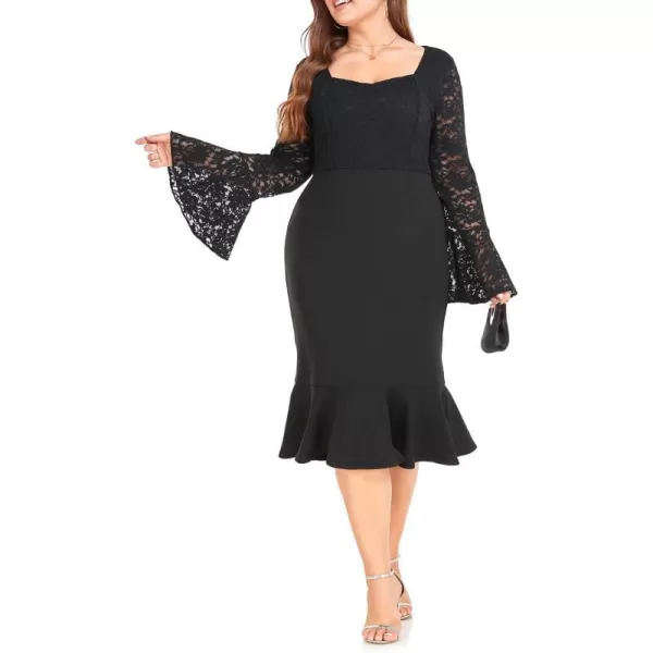 LALAGEN Womens 2024 Plus Size Lace Bell Sleeve Bodycon Mermaid Midi Dress Long Sleeve Cocktail Party Pencil DressBlack