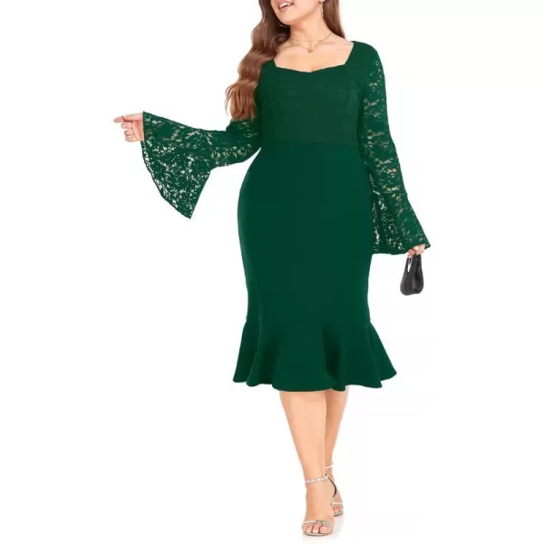 LALAGEN Womens 2024 Plus Size Lace Bell Sleeve Bodycon Mermaid Midi Dress Long Sleeve Cocktail Party Pencil DressGreen