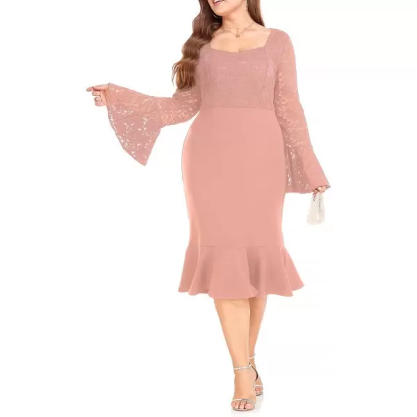 LALAGEN Womens 2024 Plus Size Lace Bell Sleeve Bodycon Mermaid Midi Dress Long Sleeve Cocktail Party Pencil DressPink