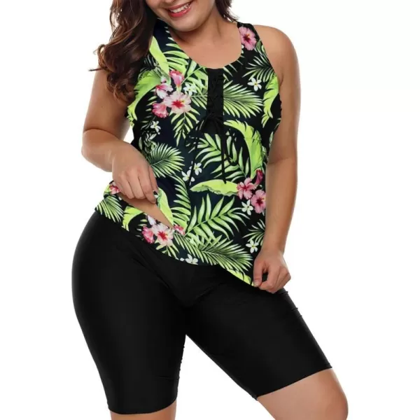 LALAGEN Womens 2024 Plus Size Tankini Swimsuit Rash Guard Capris Athletic Two Piece Swimwear Bathing Suits for Women S5XZgreen Leaf Flower