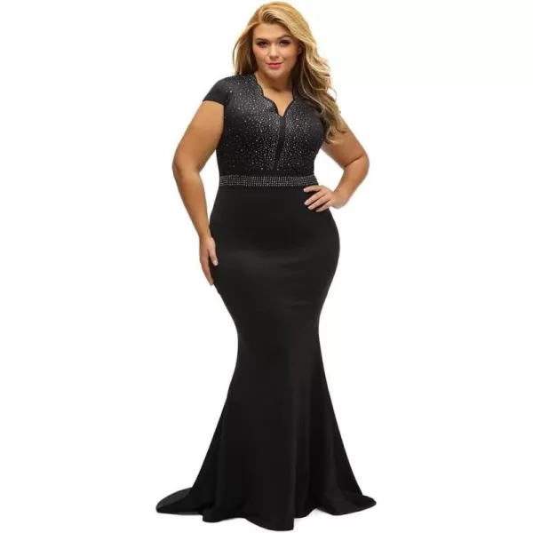 LALAGEN Womens Short Sleeve Rhinestone Plus Size Long Cocktail Evening DressBlack