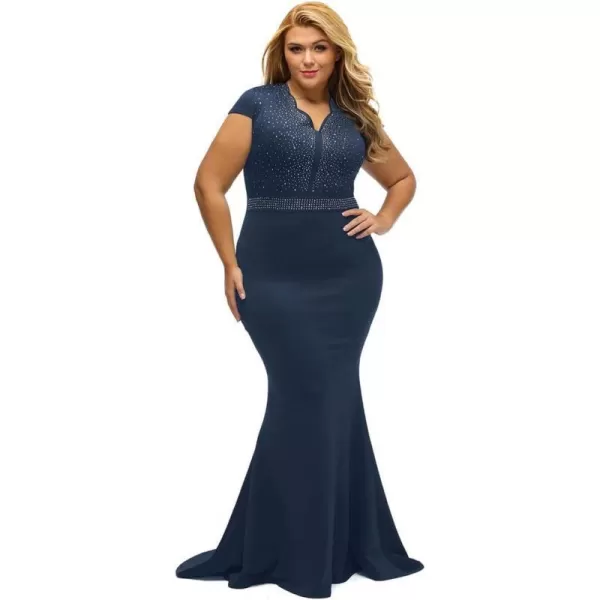 LALAGEN Womens Short Sleeve Rhinestone Plus Size Long Cocktail Evening DressNavy