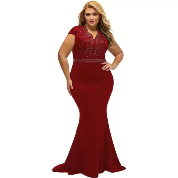 LALAGEN Womens Short Sleeve Rhinestone Plus Size Long Cocktail Evening DressRed