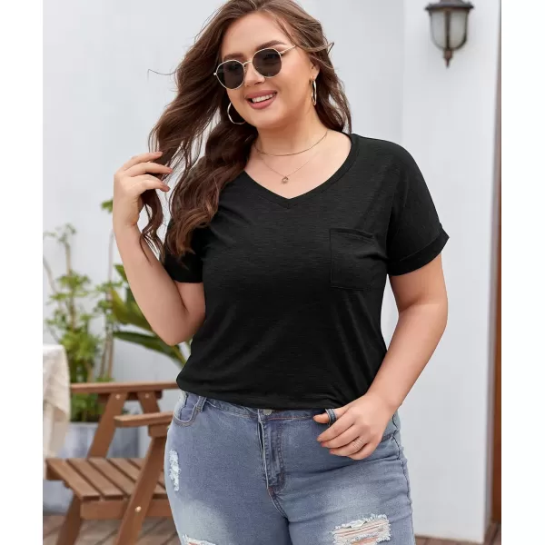 LALAGEN Plus Size T Shirts for Women 2024 UPF 50 Rolled Short Sleeve V Neck Summer Tops Casual Solid Basic Tunic Tee S5XBlack