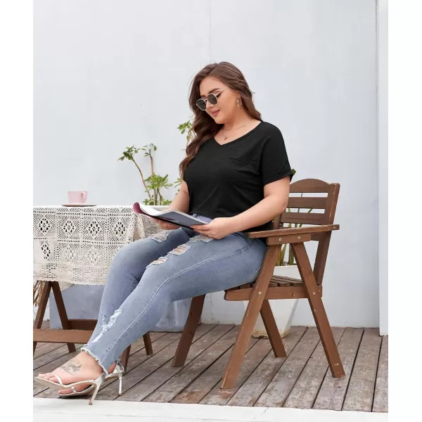 LALAGEN Plus Size T Shirts for Women 2024 UPF 50 Rolled Short Sleeve V Neck Summer Tops Casual Solid Basic Tunic Tee S5XBlack