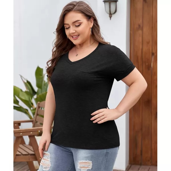 LALAGEN Plus Size T Shirts for Women 2024 UPF 50 Rolled Short Sleeve V Neck Summer Tops Casual Solid Basic Tunic Tee S5XBlack