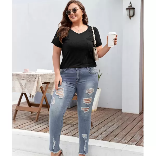 LALAGEN Plus Size T Shirts for Women 2024 UPF 50 Rolled Short Sleeve V Neck Summer Tops Casual Solid Basic Tunic Tee S5XBlack