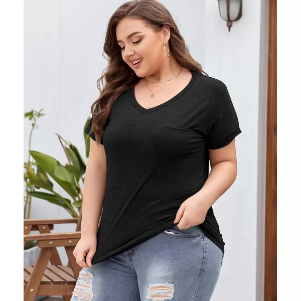 LALAGEN Plus Size T Shirts for Women 2024 UPF 50 Rolled Short Sleeve V Neck Summer Tops Casual Solid Basic Tunic Tee S5XBlack