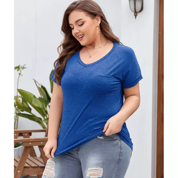 LALAGEN Plus Size T Shirts for Women 2024 UPF 50 Rolled Short Sleeve V Neck Summer Tops Casual Solid Basic Tunic Tee S5XBlue