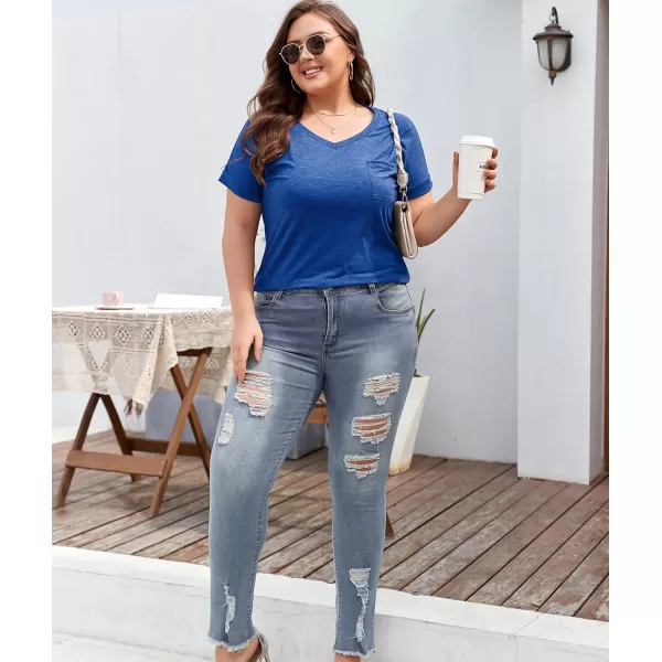 LALAGEN Plus Size T Shirts for Women 2024 UPF 50 Rolled Short Sleeve V Neck Summer Tops Casual Solid Basic Tunic Tee S5XBlue