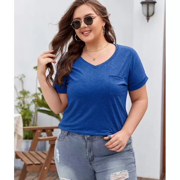 LALAGEN Plus Size T Shirts for Women 2024 UPF 50 Rolled Short Sleeve V Neck Summer Tops Casual Solid Basic Tunic Tee S5XBlue