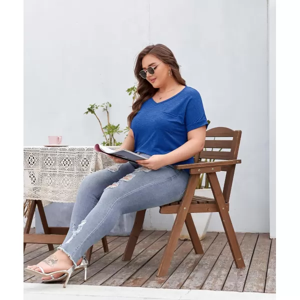 LALAGEN Plus Size T Shirts for Women 2024 UPF 50 Rolled Short Sleeve V Neck Summer Tops Casual Solid Basic Tunic Tee S5XBlue