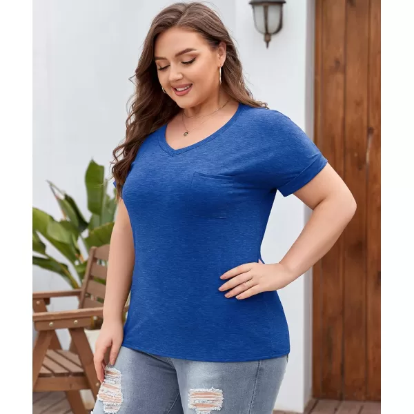 LALAGEN Plus Size T Shirts for Women 2024 UPF 50 Rolled Short Sleeve V Neck Summer Tops Casual Solid Basic Tunic Tee S5XBlue