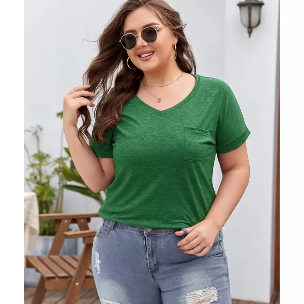 LALAGEN Plus Size T Shirts for Women 2024 UPF 50 Rolled Short Sleeve V Neck Summer Tops Casual Solid Basic Tunic Tee S5XGreen