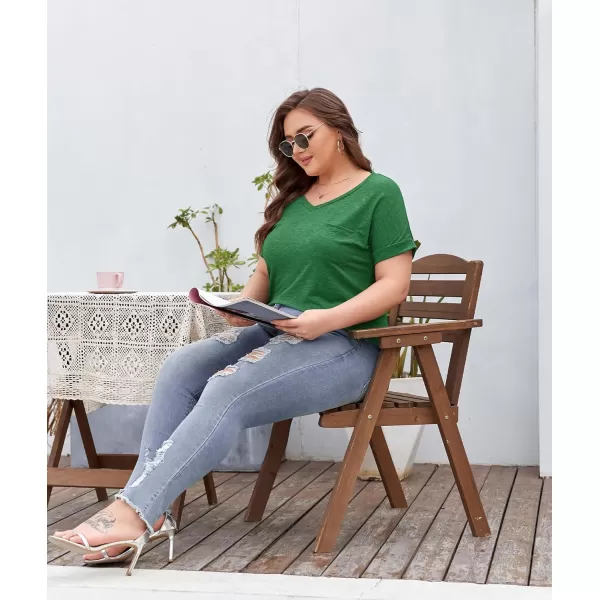 LALAGEN Plus Size T Shirts for Women 2024 UPF 50 Rolled Short Sleeve V Neck Summer Tops Casual Solid Basic Tunic Tee S5XGreen