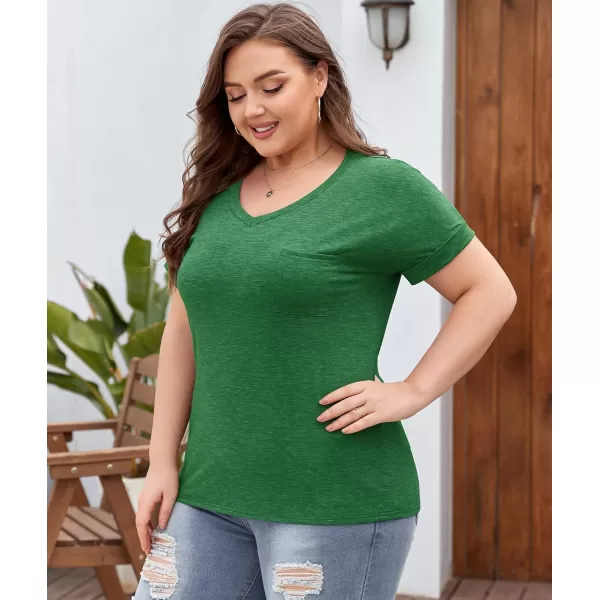 LALAGEN Plus Size T Shirts for Women 2024 UPF 50 Rolled Short Sleeve V Neck Summer Tops Casual Solid Basic Tunic Tee S5XGreen