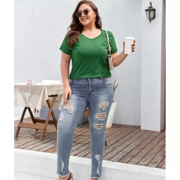 LALAGEN Plus Size T Shirts for Women 2024 UPF 50 Rolled Short Sleeve V Neck Summer Tops Casual Solid Basic Tunic Tee S5XGreen