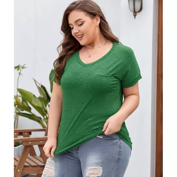 LALAGEN Plus Size T Shirts for Women 2024 UPF 50 Rolled Short Sleeve V Neck Summer Tops Casual Solid Basic Tunic Tee S5XGreen