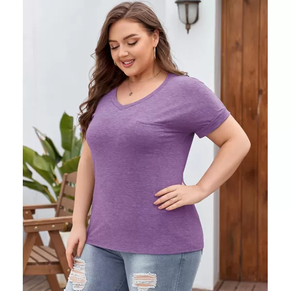 LALAGEN Plus Size T Shirts for Women 2024 UPF 50 Rolled Short Sleeve V Neck Summer Tops Casual Solid Basic Tunic Tee S5XLilac