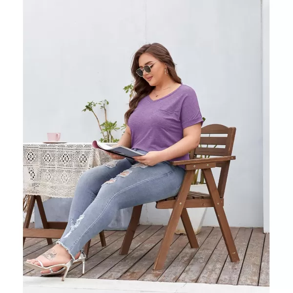 LALAGEN Plus Size T Shirts for Women 2024 UPF 50 Rolled Short Sleeve V Neck Summer Tops Casual Solid Basic Tunic Tee S5XLilac