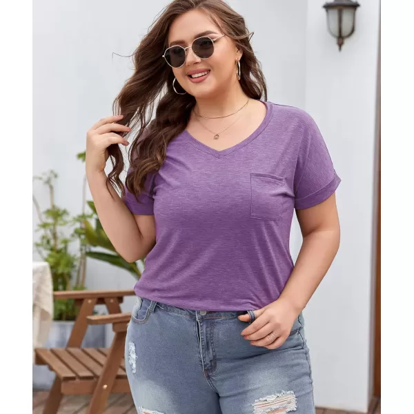 LALAGEN Plus Size T Shirts for Women 2024 UPF 50 Rolled Short Sleeve V Neck Summer Tops Casual Solid Basic Tunic Tee S5XLilac