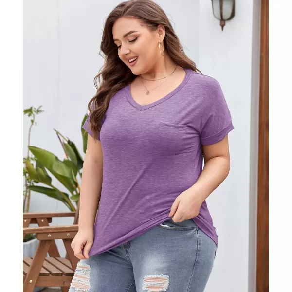 LALAGEN Plus Size T Shirts for Women 2024 UPF 50 Rolled Short Sleeve V Neck Summer Tops Casual Solid Basic Tunic Tee S5XLilac