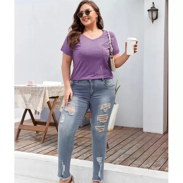 LALAGEN Plus Size T Shirts for Women 2024 UPF 50 Rolled Short Sleeve V Neck Summer Tops Casual Solid Basic Tunic Tee S5XLilac