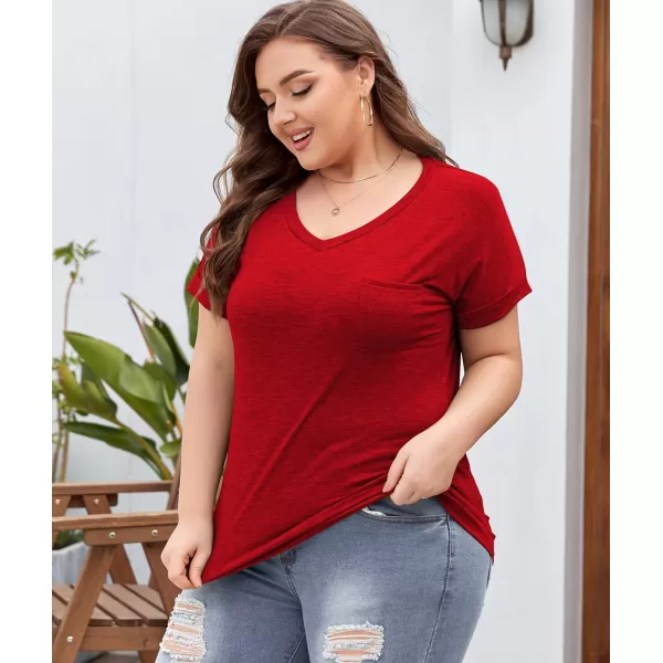 LALAGEN Plus Size T Shirts for Women 2024 UPF 50 Rolled Short Sleeve V Neck Summer Tops Casual Solid Basic Tunic Tee S5XRed