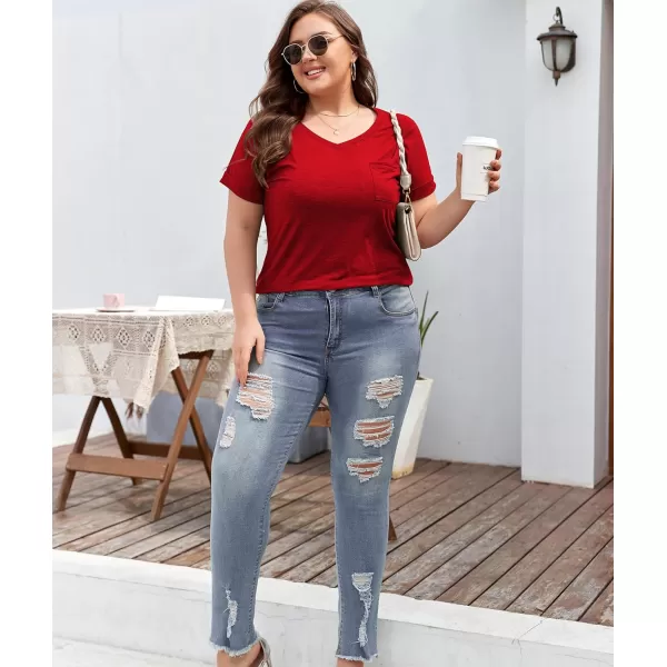 LALAGEN Plus Size T Shirts for Women 2024 UPF 50 Rolled Short Sleeve V Neck Summer Tops Casual Solid Basic Tunic Tee S5XRed