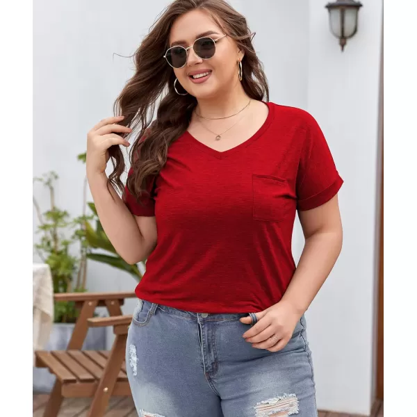 LALAGEN Plus Size T Shirts for Women 2024 UPF 50 Rolled Short Sleeve V Neck Summer Tops Casual Solid Basic Tunic Tee S5XRed