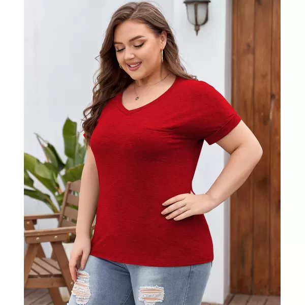 LALAGEN Plus Size T Shirts for Women 2024 UPF 50 Rolled Short Sleeve V Neck Summer Tops Casual Solid Basic Tunic Tee S5XRed