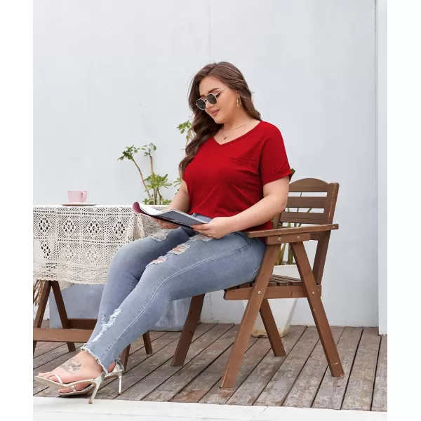 LALAGEN Plus Size T Shirts for Women 2024 UPF 50 Rolled Short Sleeve V Neck Summer Tops Casual Solid Basic Tunic Tee S5XRed