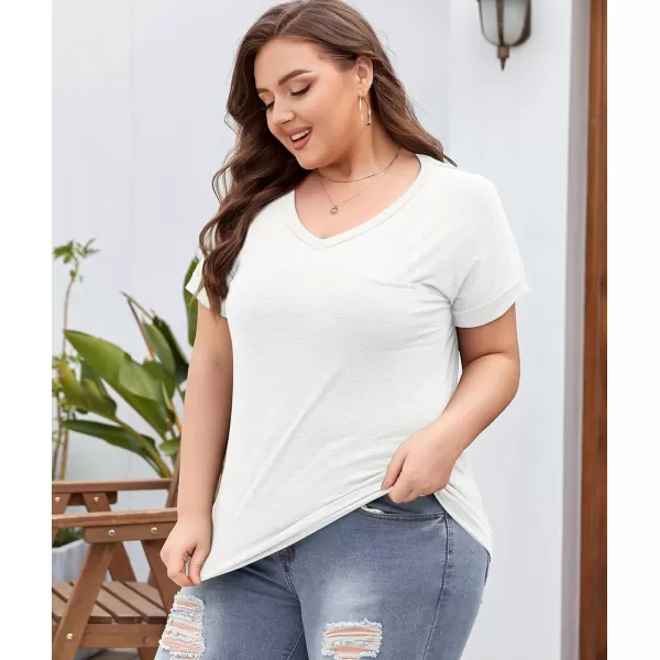 LALAGEN Plus Size T Shirts for Women 2024 UPF 50 Rolled Short Sleeve V Neck Summer Tops Casual Solid Basic Tunic Tee S5XWhite