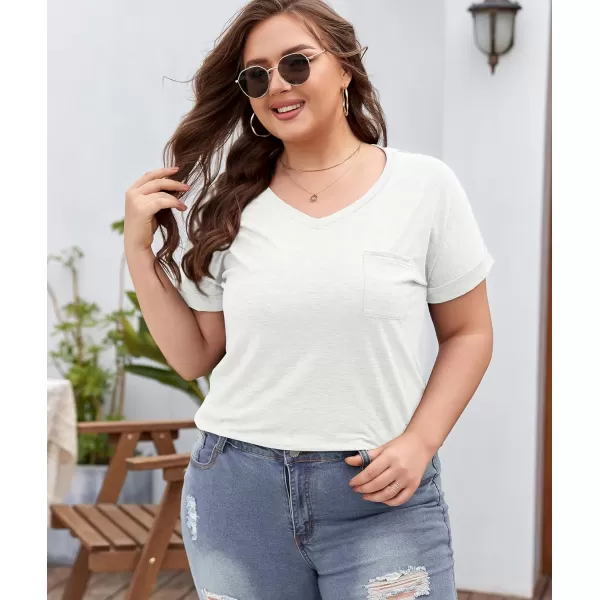 LALAGEN Plus Size T Shirts for Women 2024 UPF 50 Rolled Short Sleeve V Neck Summer Tops Casual Solid Basic Tunic Tee S5XWhite