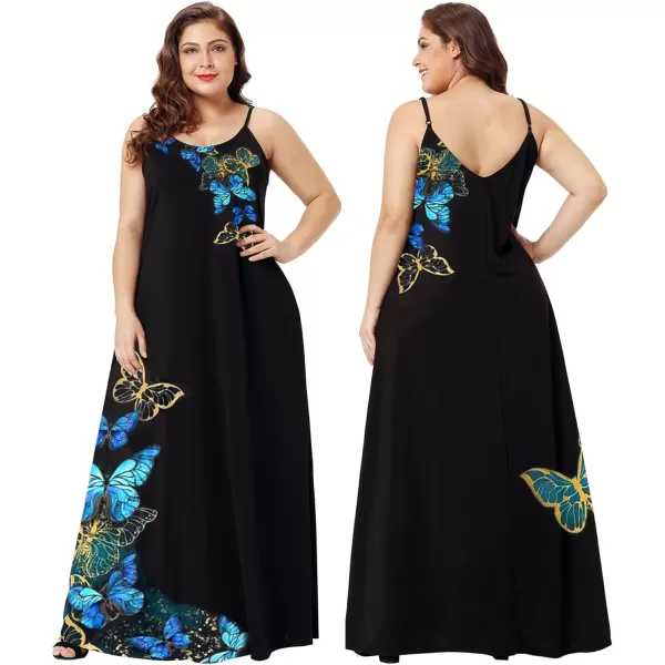 Wolddress Womens 2024 Casual Sleeveless Sundress Plus Size Loose Plain Long Summer Beach Maxi Dress with Pockets S5XButterfly Black