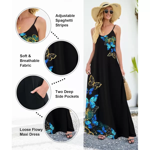 Wolddress Womens 2024 Casual Sleeveless Sundress Plus Size Loose Plain Long Summer Beach Maxi Dress with Pockets S5XButterfly Black