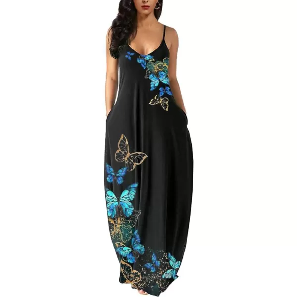 Wolddress Womens 2024 Casual Sleeveless Sundress Plus Size Loose Plain Long Summer Beach Maxi Dress with Pockets S5XButterfly Black
